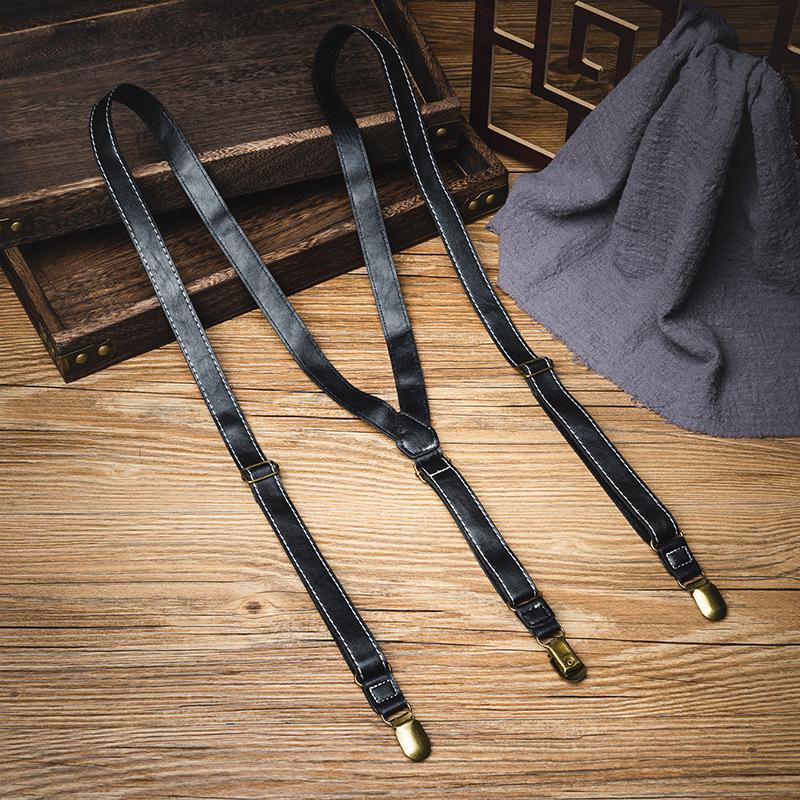 Unisex Retro British Style Leather Suspenders with Three Non-Slip Clips чёрный