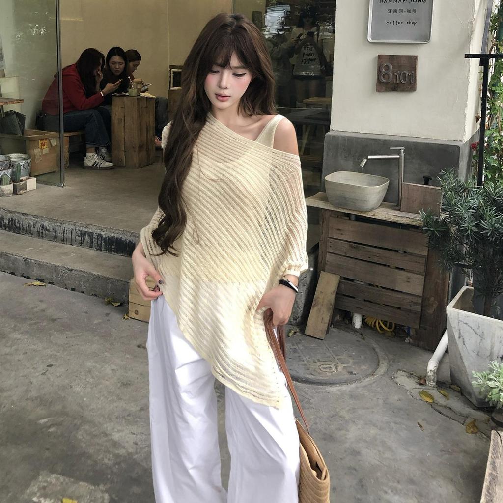 Літня нова однотонна блуза з захистом від сонця на шию, жіночна, універсальна, ажурний в'язаний светр, рукав-летюча миша, шаль-накидка, топ