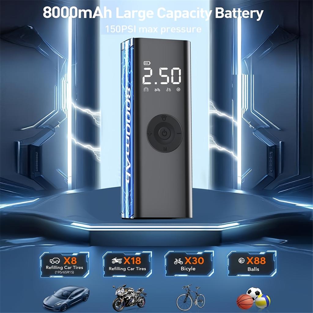 New Car Tire Inflator, Portable Air Compressor, 100PSI Cordless Tire Pump, Digital Gauge, USB-C for Car Moto