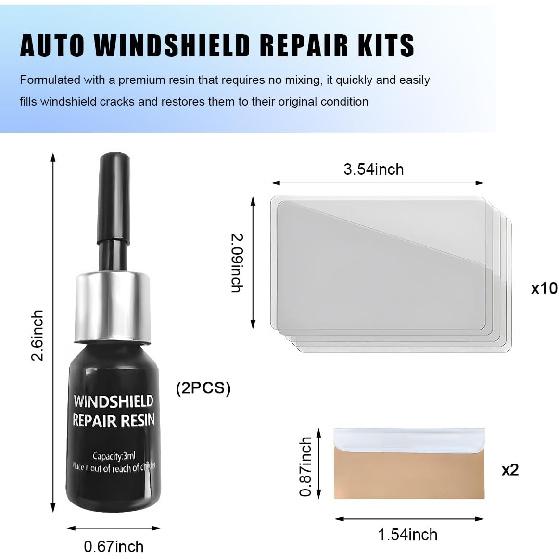 2PCS Windshield Repair Kit, Glass Repair Liquid Automotive Windscreen Crack Fixing Tool, Quick Fix Windshield Rock Chip Repairing Set for Bulls-Eye