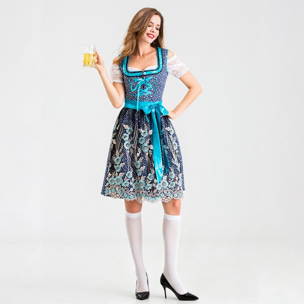 Traditional Style Bavarian Dress Oktoberfest Costume Beer Maid Uniform with Embroidered Apron and Lace Trimmed Sleeves for Women