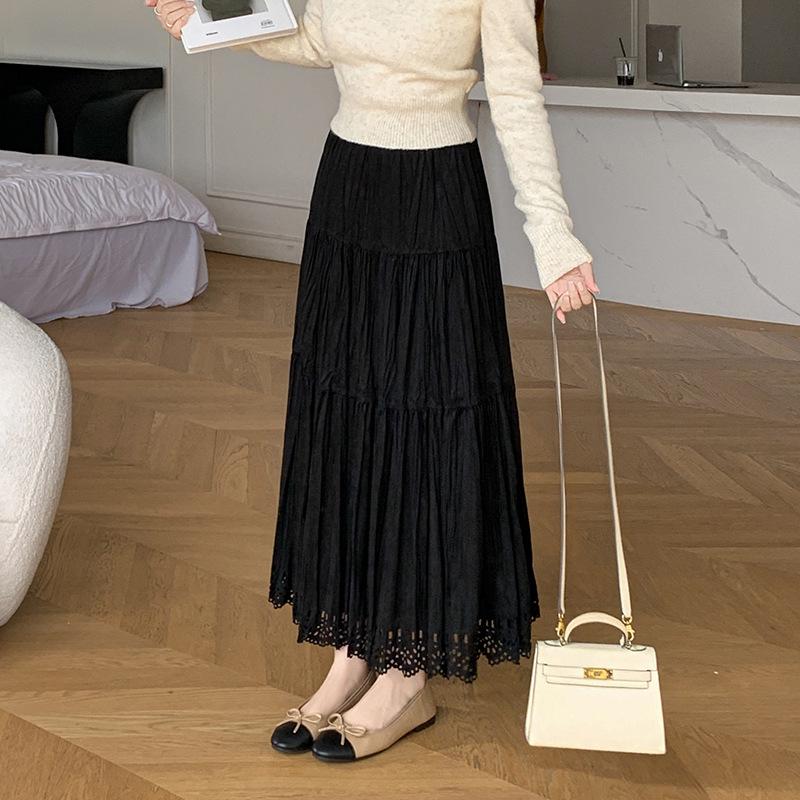 Pleated Suede Velvet A-line Skirt with Elastic High Waist
