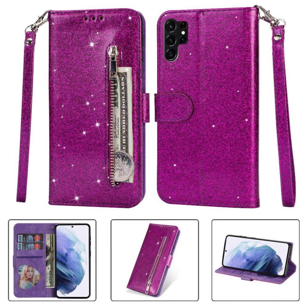 (Purple) Zipper Pocket Case for Samsung Galaxy S24 Ultra Card Holder Glitter Wallet Case Wrist Strap Pu Leather Magnetic Closure