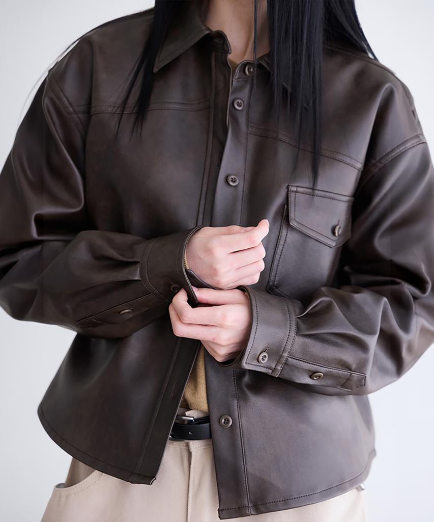 Londonda Faux Leather Shirt Jacket, Brown