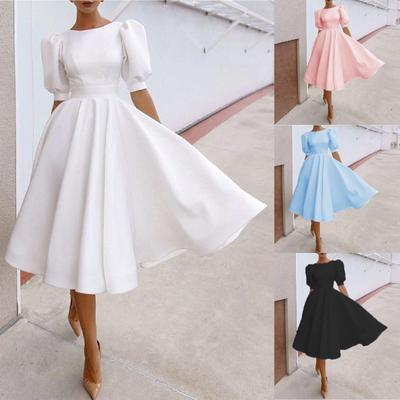 Vestido feminino slim de cor sólida moda sexy swing manga curta saia média