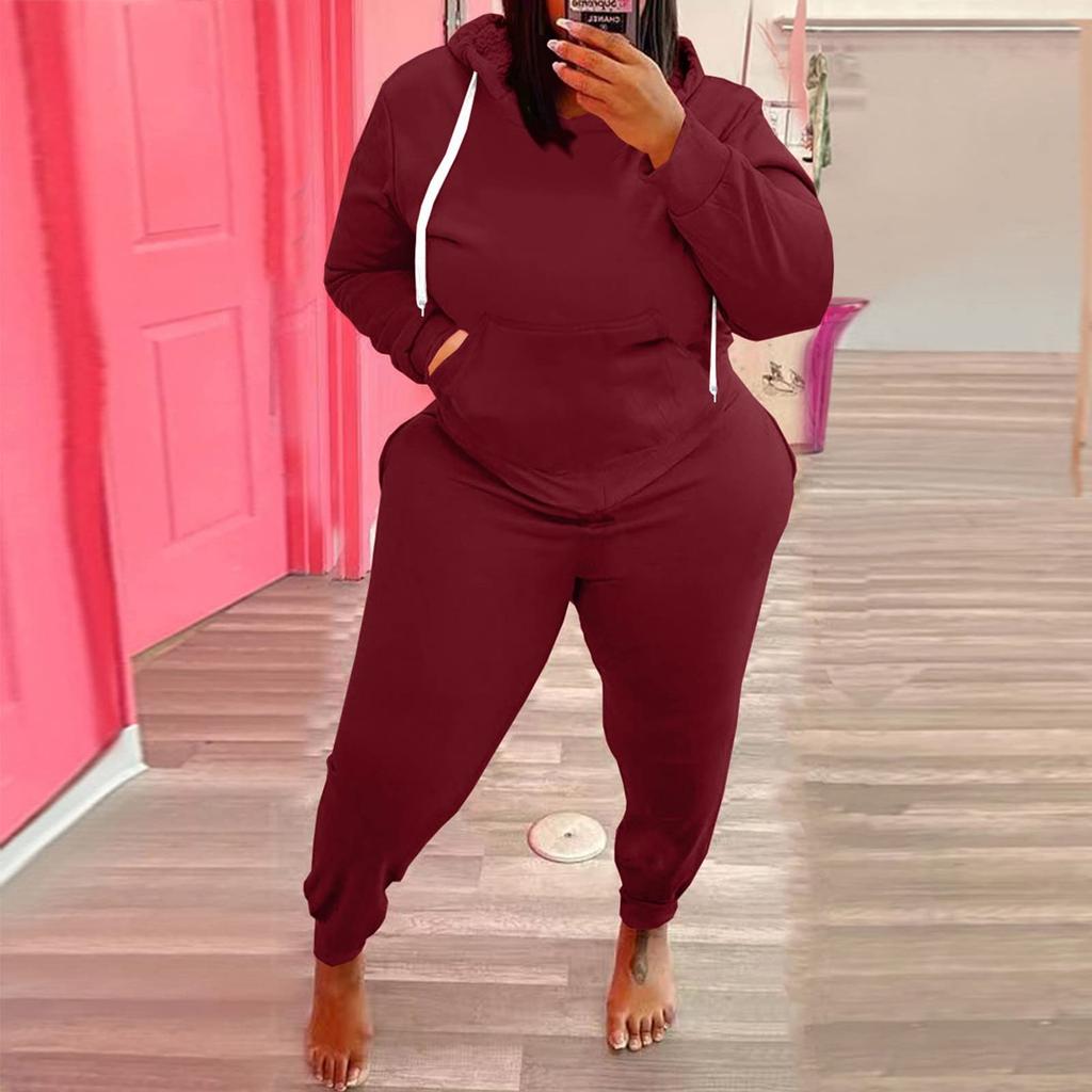 Women's Padded Drawstring Hooded Sweatshirt Long Sleeve Drawstring Trousers Piece Set