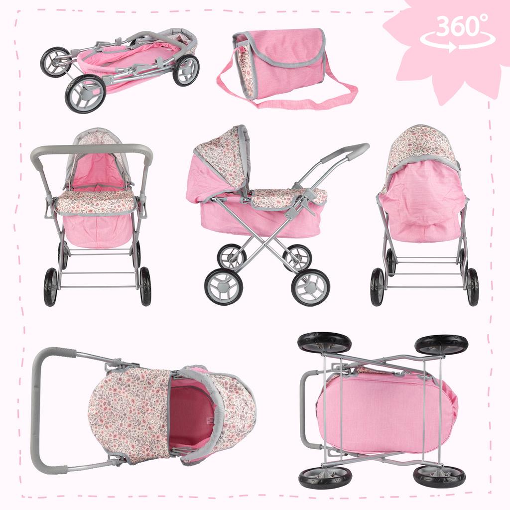 Pink Flowers Foldable Doll Pram Gondola Stroller With Bag