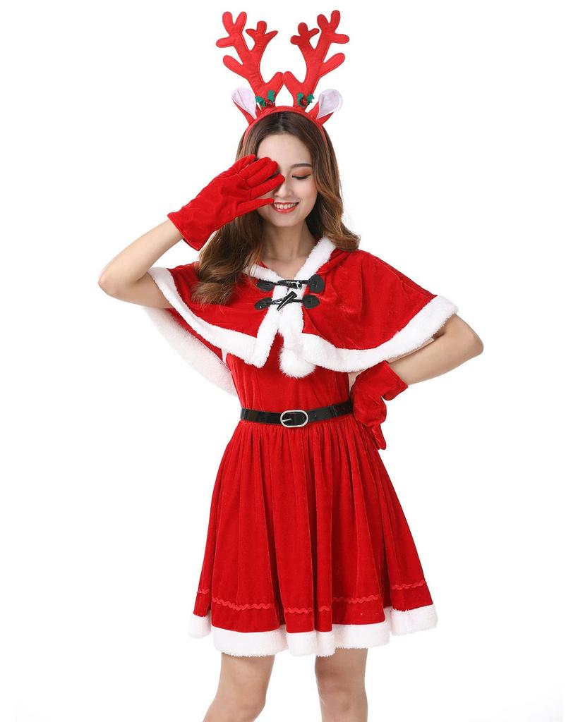 Milky Time Women's Christmas Santa Dress with Reindeer Headband (Red)