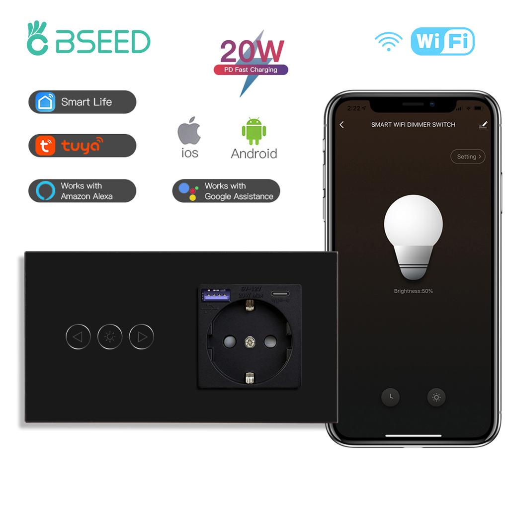 BSEED Wifi Smart Dimmer Switches Tuya Smart Life Goolgle Home Control Plus Normal Type-c USB EU Socket Glass Panel Black