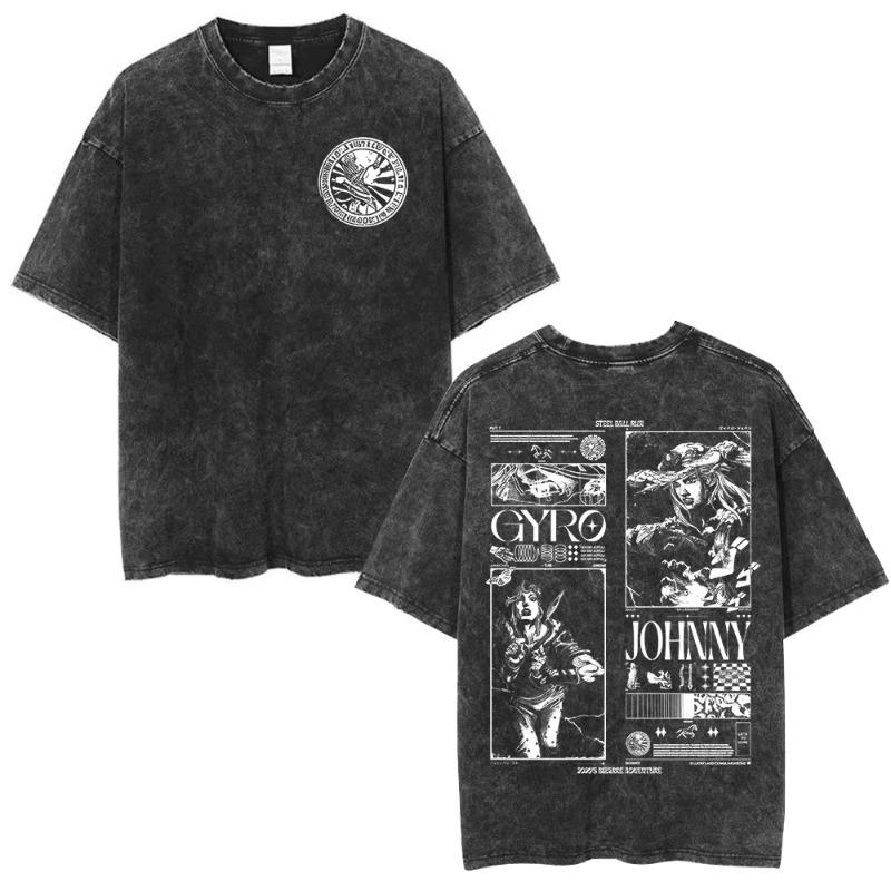 Anime Jojo's Bizarre Adventure STEEL BALL RUN Manga Vintage Camisetas Lavadas al Ácido para Hombres y Mujeres Ropa Casual Camisetas de Manga Corta