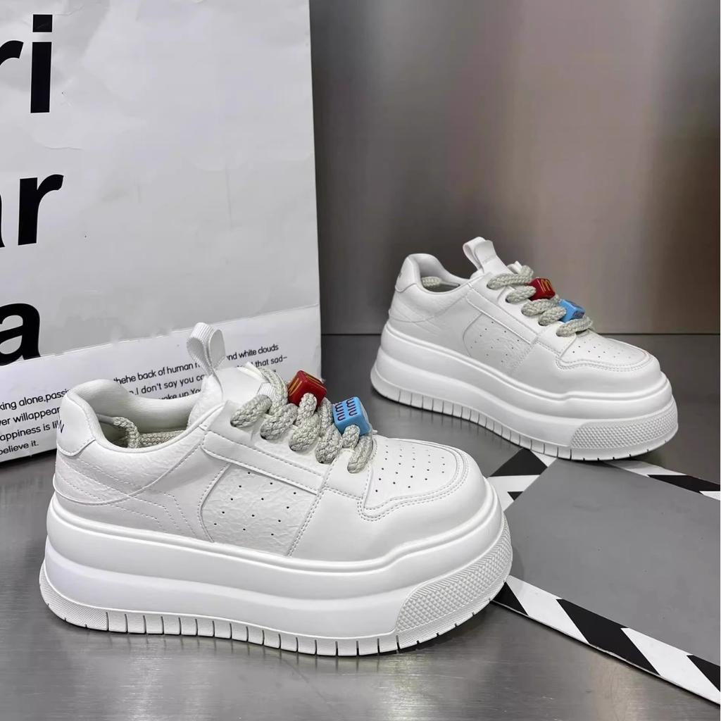 Leather platform white shoes women's shoes 2025 early spring new muffin shoes heightened Internet celebrities student sports and leisure shoes