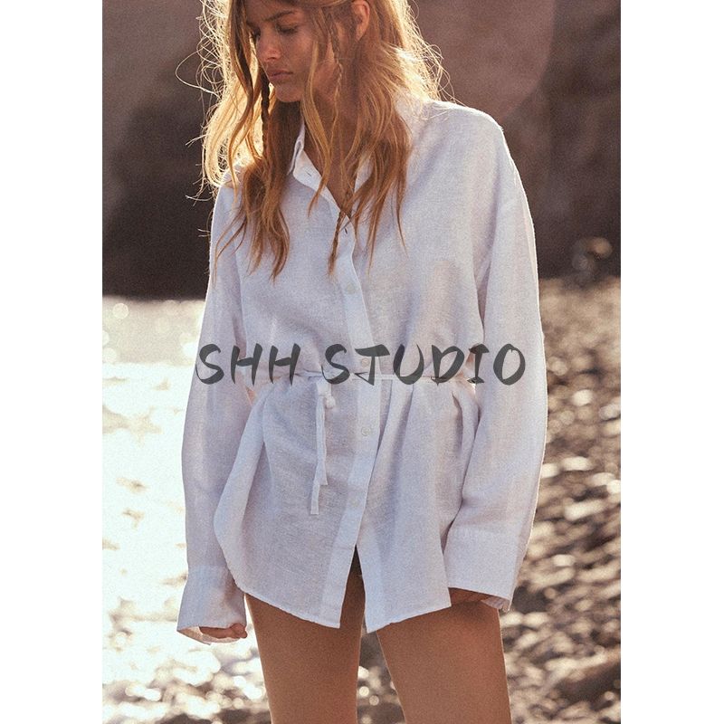 Spring New Women's Clothing Work Clothing Linen Blended Draping Shirt 4764055 4764052 4764051