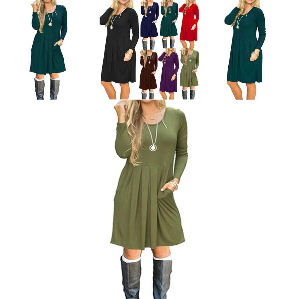 Women's Casual Swing T Shirt Dress Long Sleeve Pocket Loose Tunic For Effortless Style