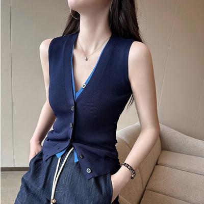 V-Ausschnitt Ärmellos Kontrastfarbe Gestrickte Weste Damen Sommer Neu Retro Fake Two Modische Oberteile
