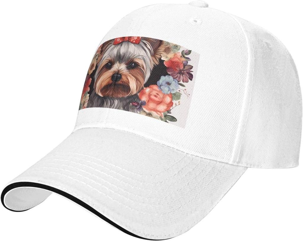 Yorkie Floral Print Baseball Cap Polyester Adjustable Casual Golf Dad Hat for Unisex