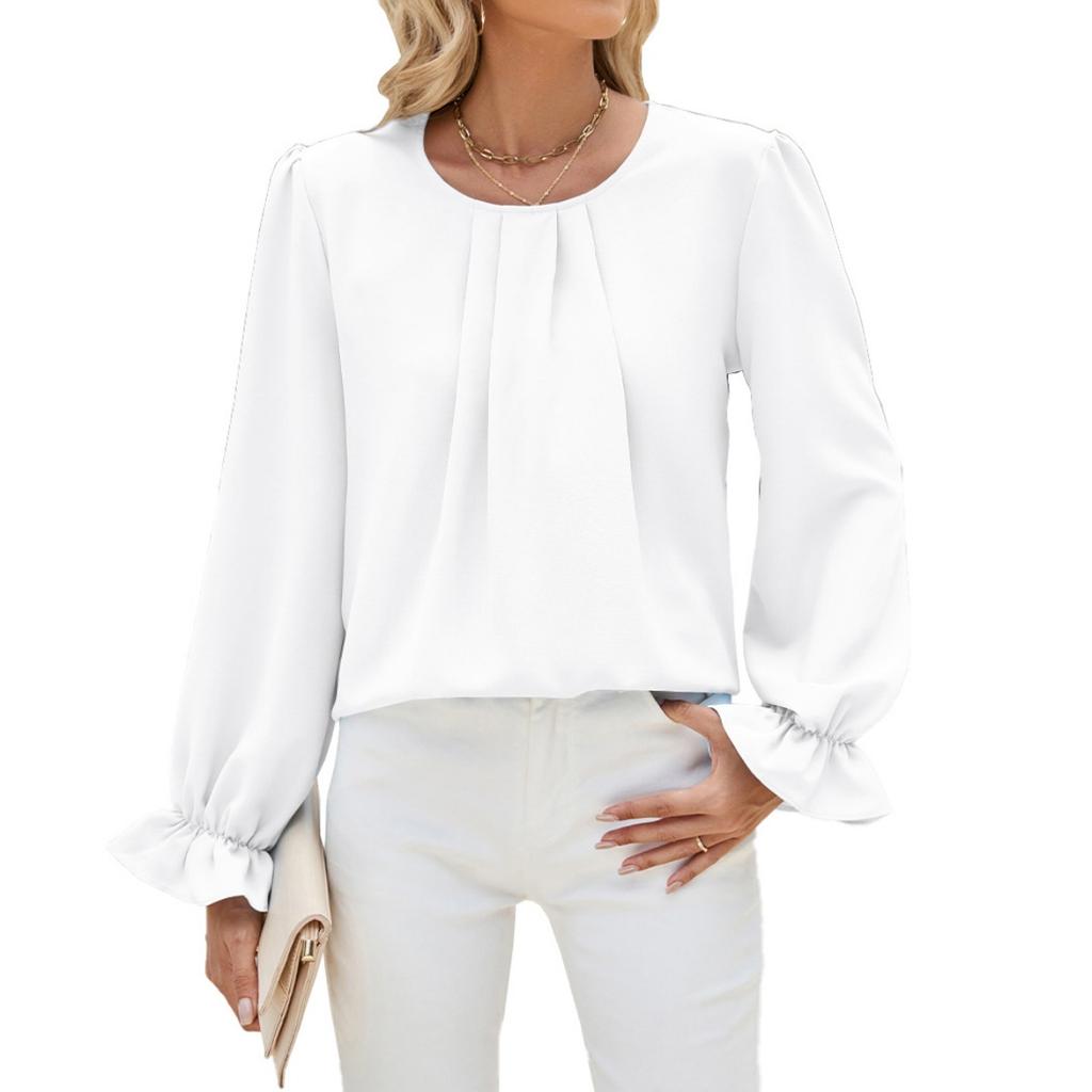 Fall Winter Solid Color Crew Neck Loose Long Sleeve Chiffon Top Base Shirt for Leisure Europe US Leisure Women