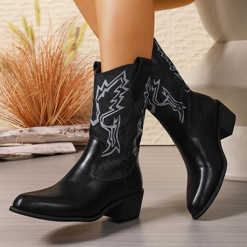 Women's Western Style Mid-Calf Boots Brown Retro Embroidered PU Leather Boots Woman Pointed Toe Chunky Heel Cowboy Botas Mujer