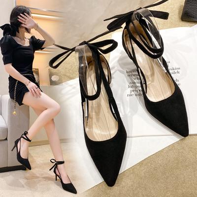 Sexy schwarze professionelle High Heels Damen Sommer neu Riemchen Schleife Stiletto keine müden Füße spitz zulaufende Einzelne Schuhe