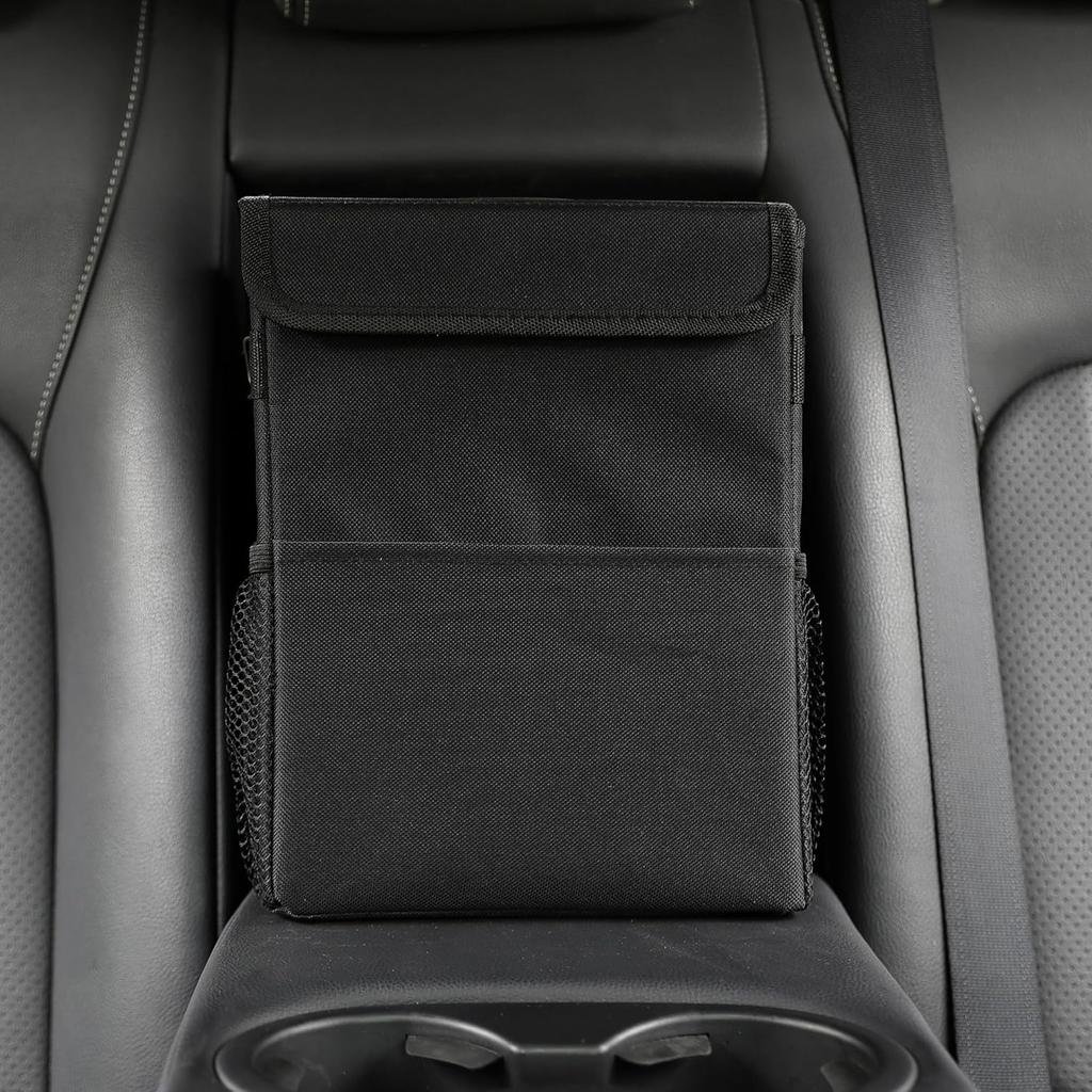 Car Garbage Can With Lid Leak Proof Vehicle Trash Can 3 Storage Pockets Hanging Waterproof Car Trash Bag For SUV Black