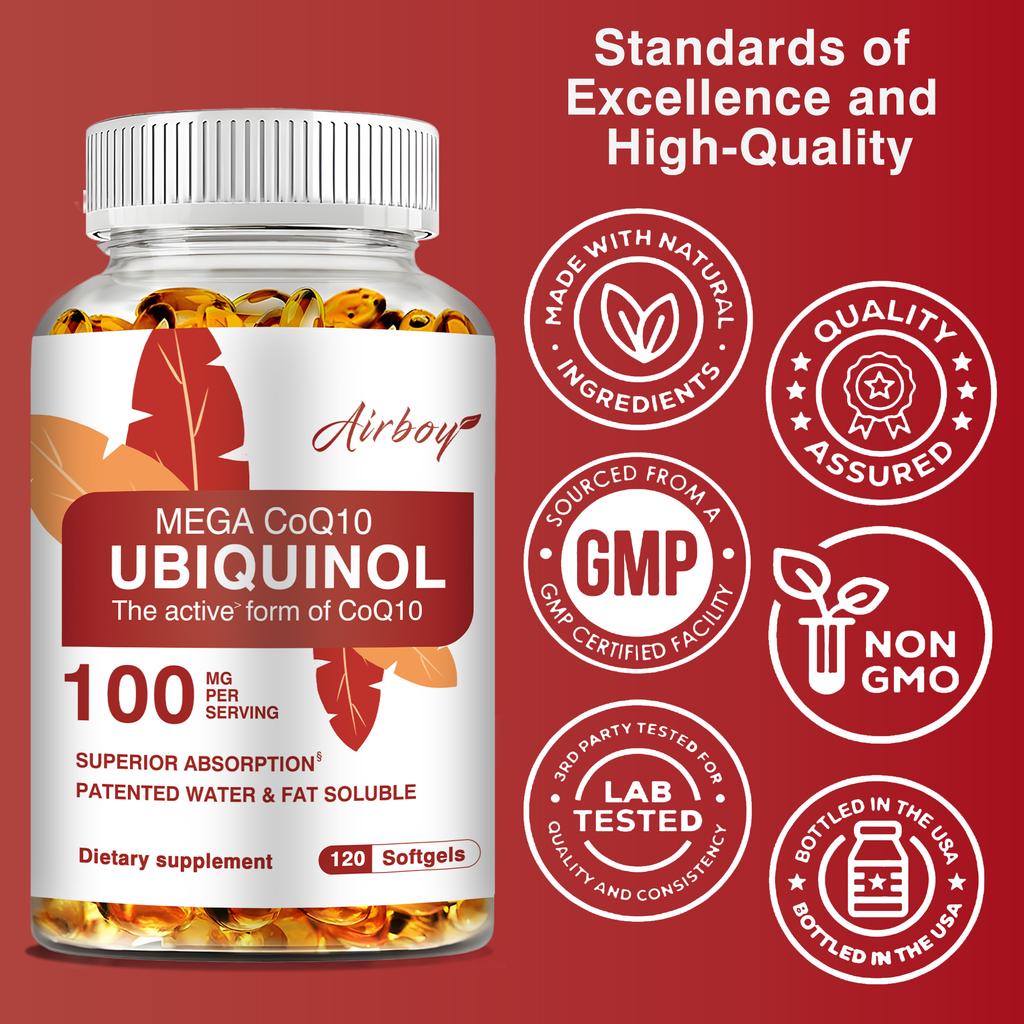 Airboy Ubichinol CoQ10 100mg Weichkapseln 120 Stück — Tägliches Wohlbefinden, Antioxidativer Schutz, Nährstoffunterstützung