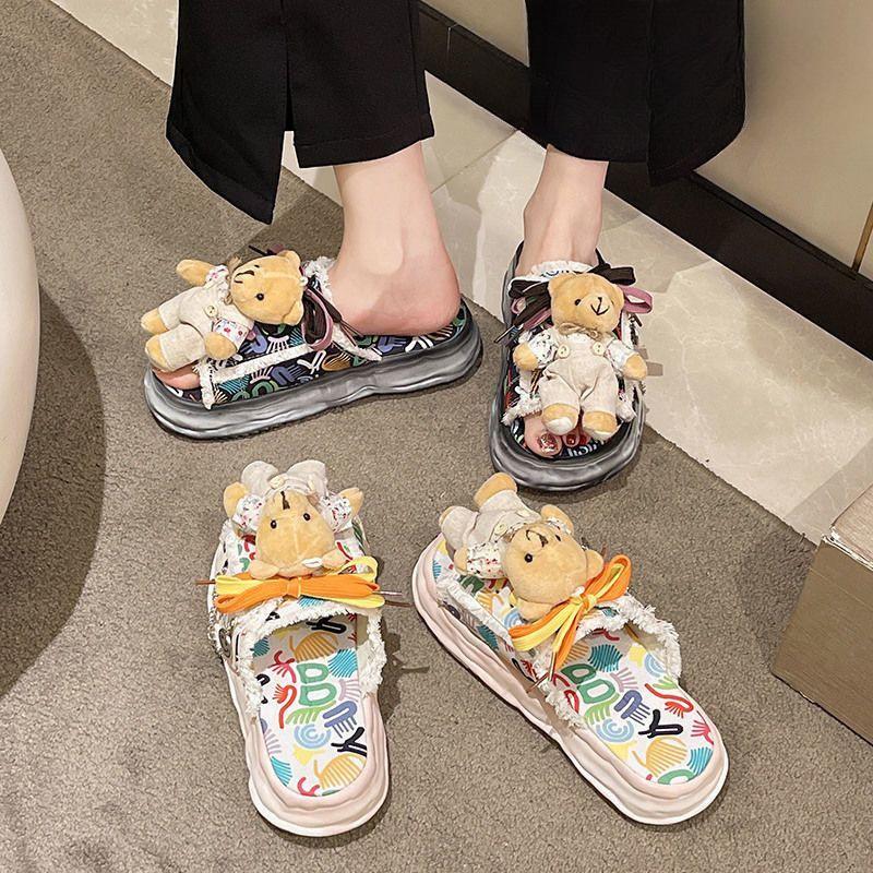 Fashion Women Sandals Cute Bear Platform Slippers Women Wear Seaside Beach Shoes New Summer Canvas Half-drag Women Shoes Sandalias Mujer