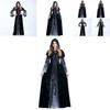 Stylish Halloween Skeleton Print Witch Vampire Costume For Women With Hooded Cloak And Skirt