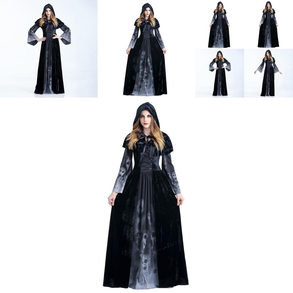 Stylish Halloween Skeleton Print Witch Vampire Costume For Women With Hooded Cloak And Skirt