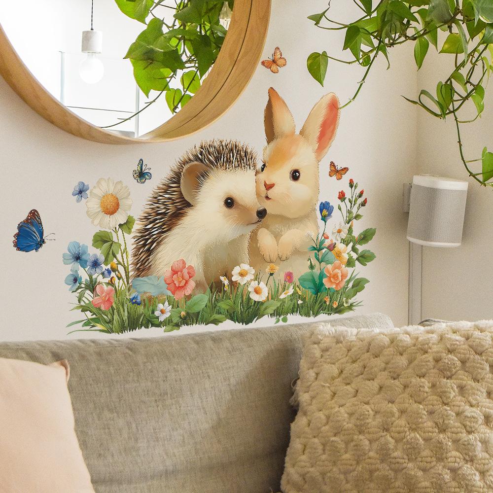 Self-adhesive Wall Stickers Cute Rabbit Hedgehog Butterflies Flowers for Kids Room Bedroom Home Decor