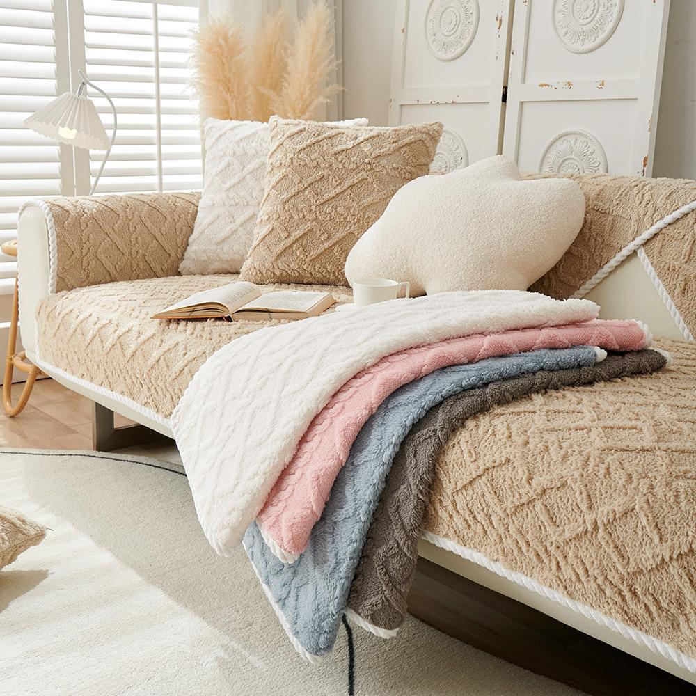 Warm Plush Sofa Cover Solid Colour Jacquard Velvet Living Room Sofa Cover Non-Slip Thickened Sofa Cushion Armrest Back Towel