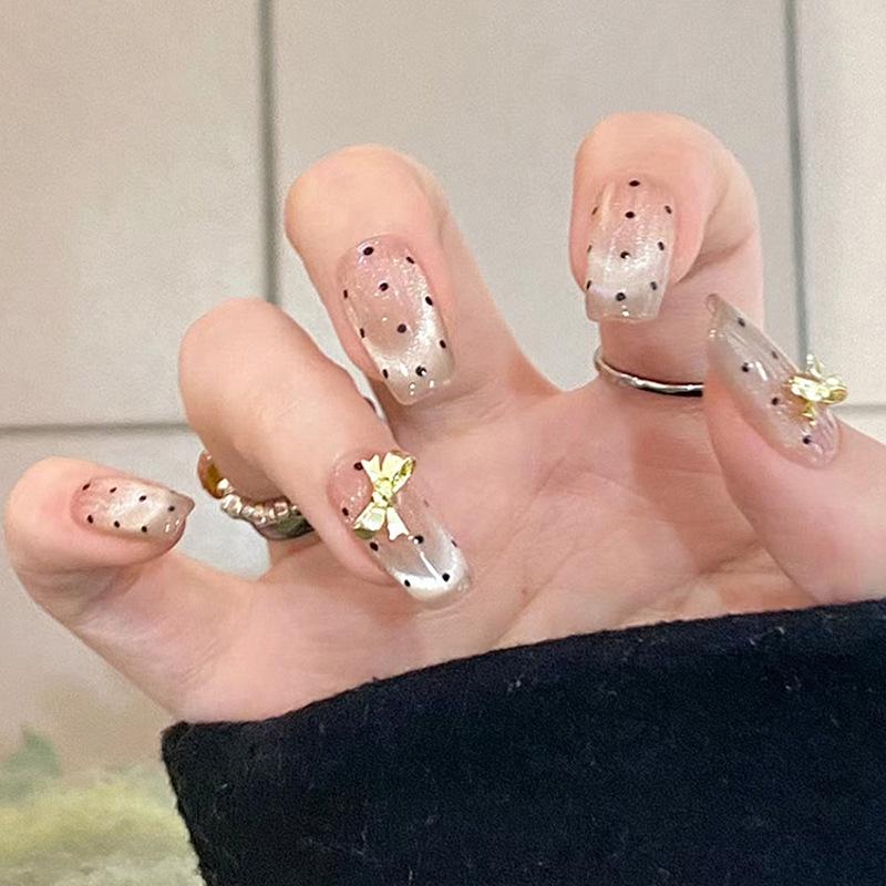 

3D Gold Bow & Crystal Cat Eye Polka Dot Press-On T-Shape Nails