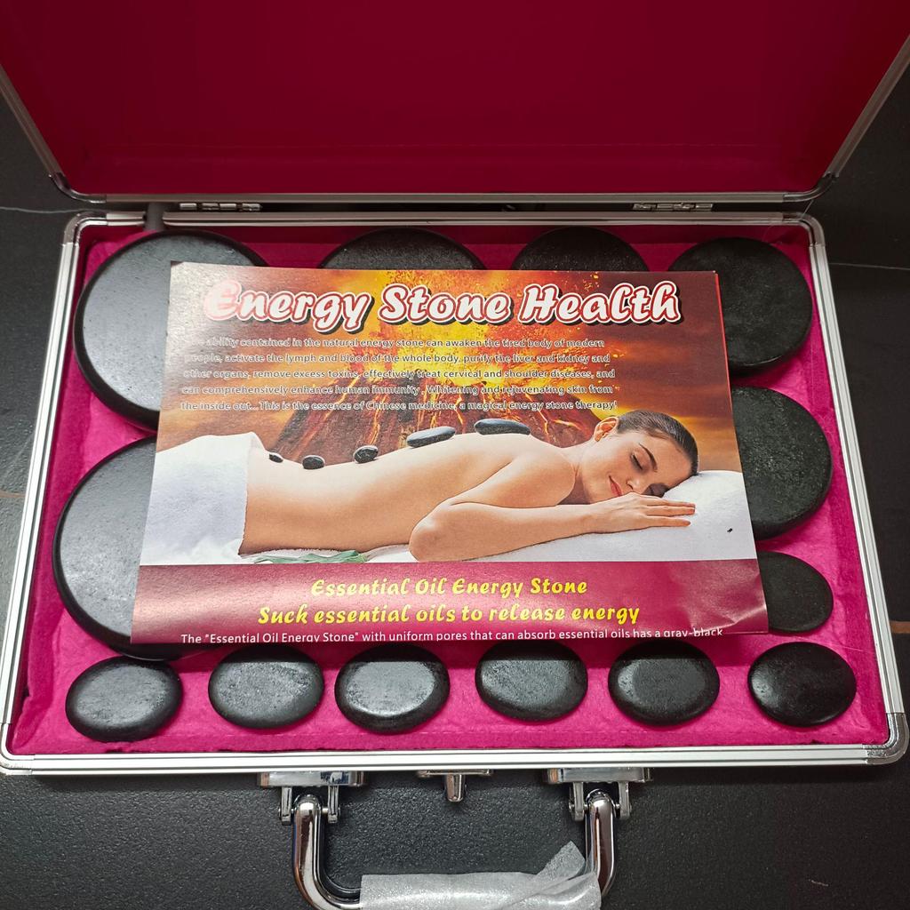 Volcanic Hot Stone Massage Set: 16-Piece Aluminum Energy Stones with Essential Oils.