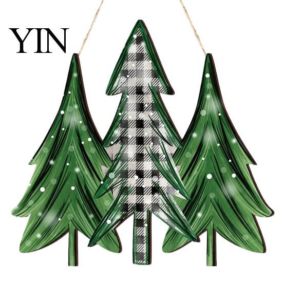 Christmas Tree Wall Decoration 2D Wooden Welcome Hanging Sign, Cartoon Santa Snowman Xmas Party Decor Door Hanger with Rope, Porch Front Holiday