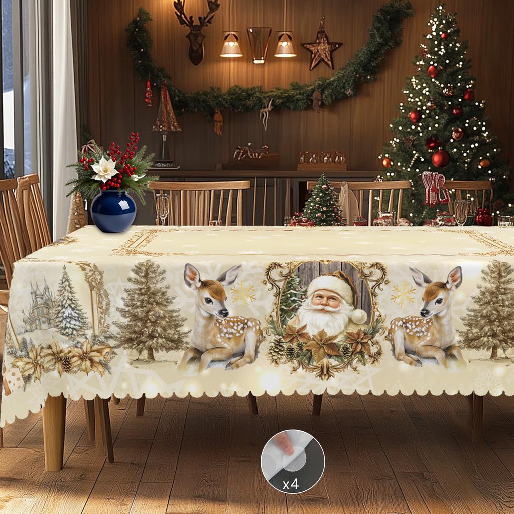 1 Piece Of Merry Christmas Themed Printed Tablecloth, Vintage Country Farmhouse Style, Santa Claus, Reindeer, Christmas Tree Pattern Design, Suitable