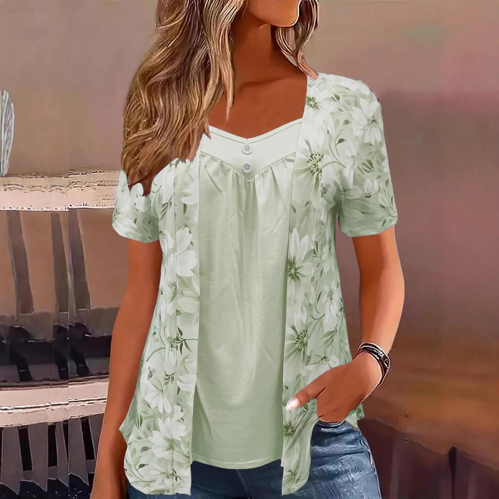 2025 Spring/Summer Women's Fake Two-Piece Short-Sleeve Button Print Top