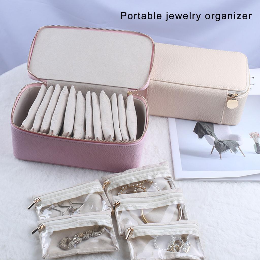 Elegant Travel Jewelry Case with 12 Velvets Zippers Pouches PU Leather Earrings Necklaces Organizer Accessories Holder
