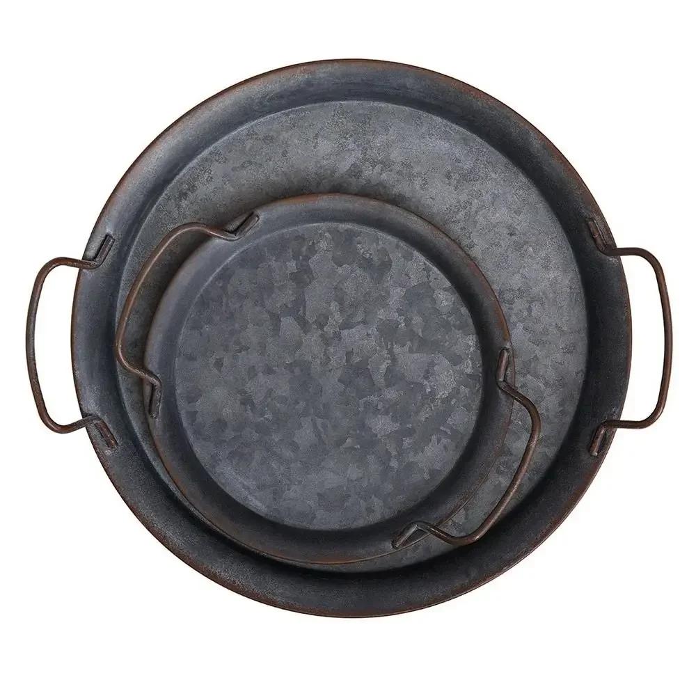 Vintage Iron Bread Tray with Handle Round Metal Plate for Food Serving Home Decor Kitchen Tableware Photo Prop