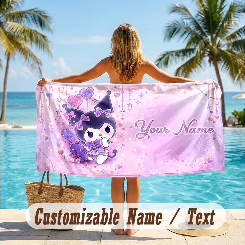 Custom Text Beach Towel, Soft Absorbent Swimming Multi-use TowelKuromi