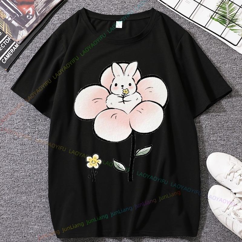 Korean Edition Strawberry Rabbit Cartoon Printed Unisex And Women Short Sleeved Top Trendy Summer Womens Blouse Y2k Clothes Goth