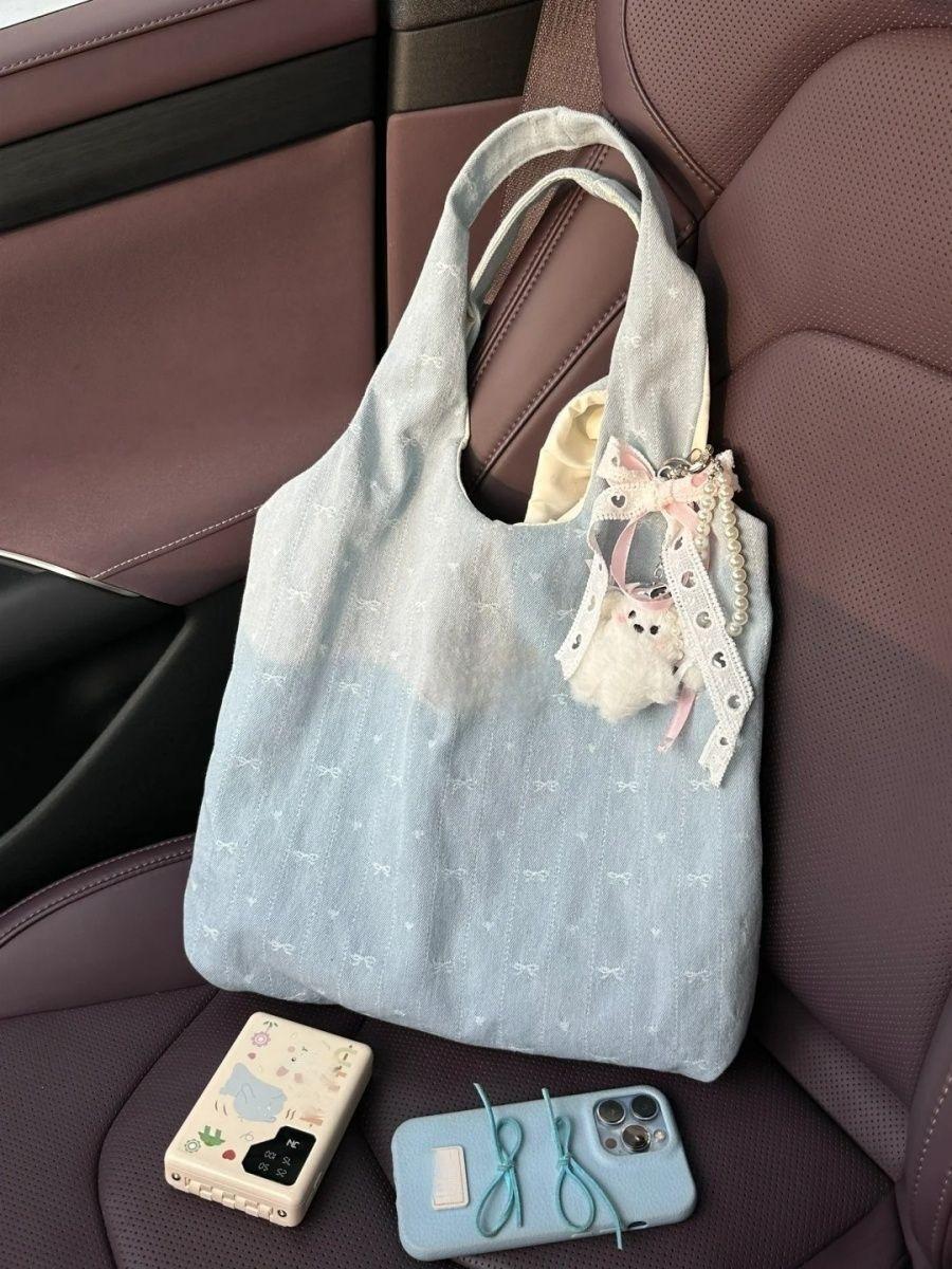 

Spring and summer new casual denim bow students commute to class versatile lightweight large capacity messenger bag