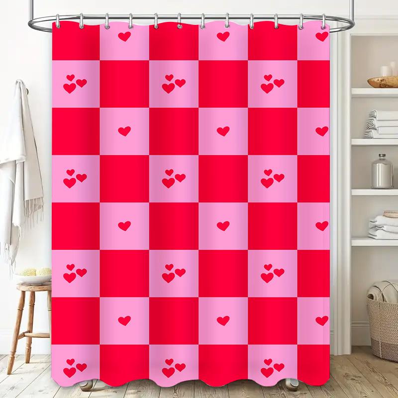 Pink Red Love Heart Checkered Shower Curtain Home Bathroom Decor Waterproof Plastic Rod Pocket 72 x 84 inches (183cm*213cm) Free