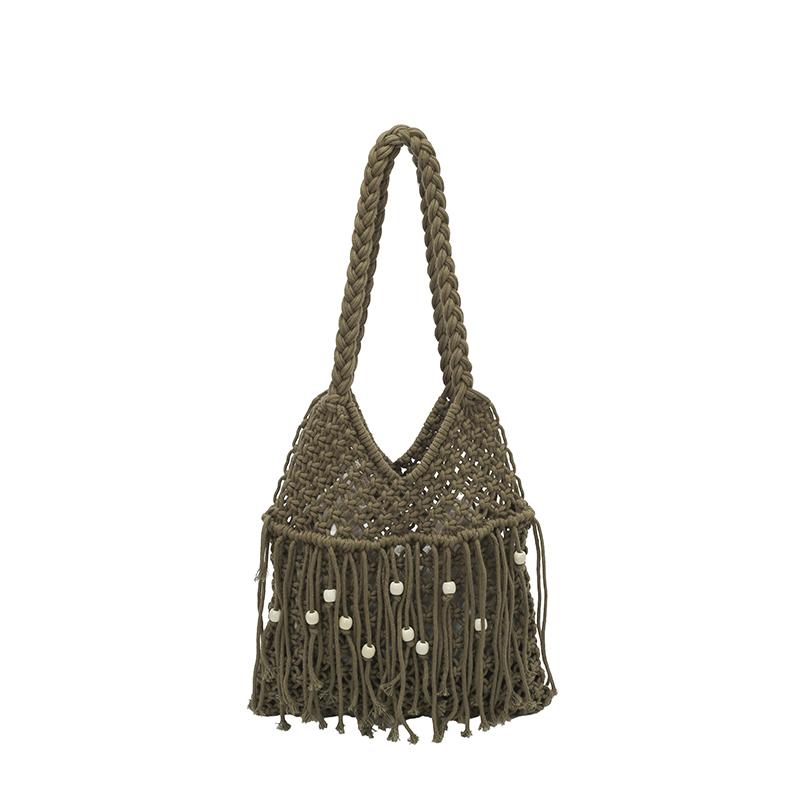 Summer Solid Color Fabric Youth Elegant Tote Bag for Women Tassel Beads Large Capacity Beach Bags Hollow Out Woven Shoulder Bags