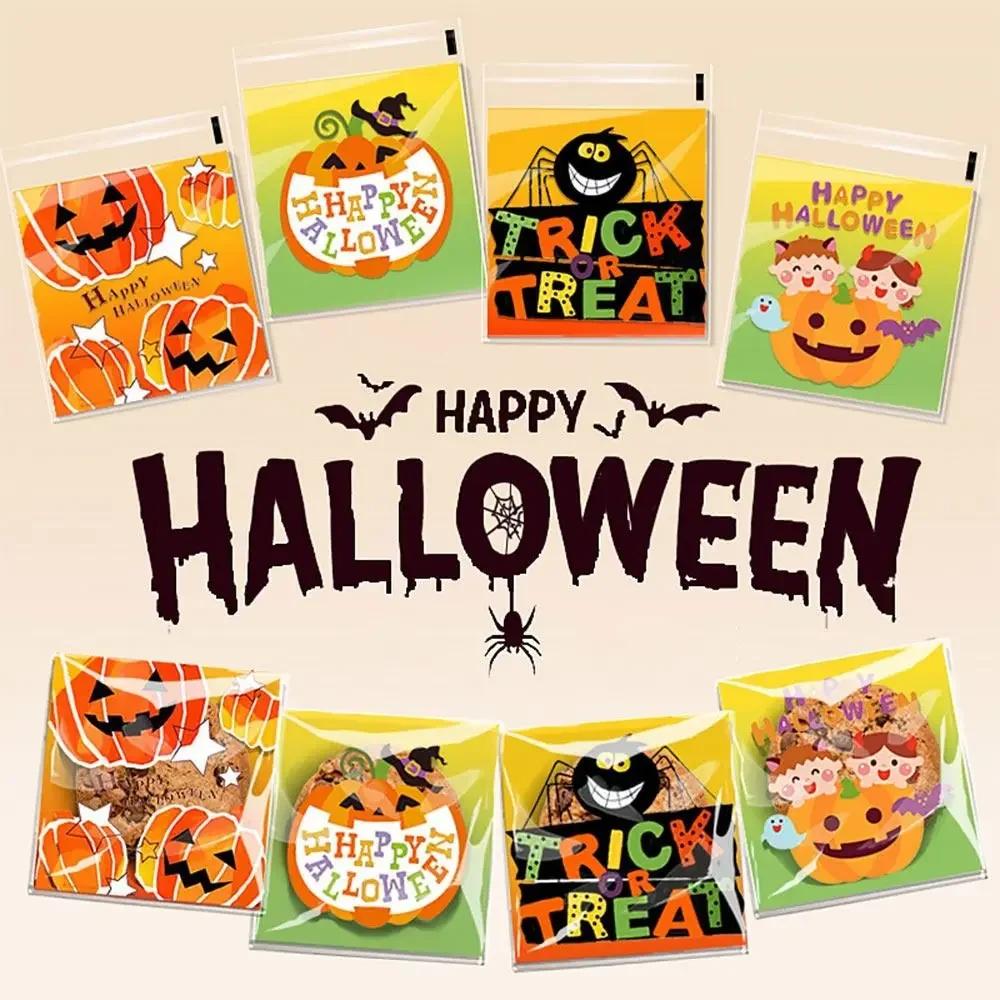 100PCS Mixed Pattern Halloween Candy Bags 10*10cm+3cm OPP Sugar Cookies Bag Self-sealing Transparent Cellophane