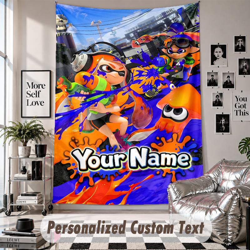 Wall Hanging Tapestry With Custom Name & Text, Splatoon Decorative Tapestry For Bedroom