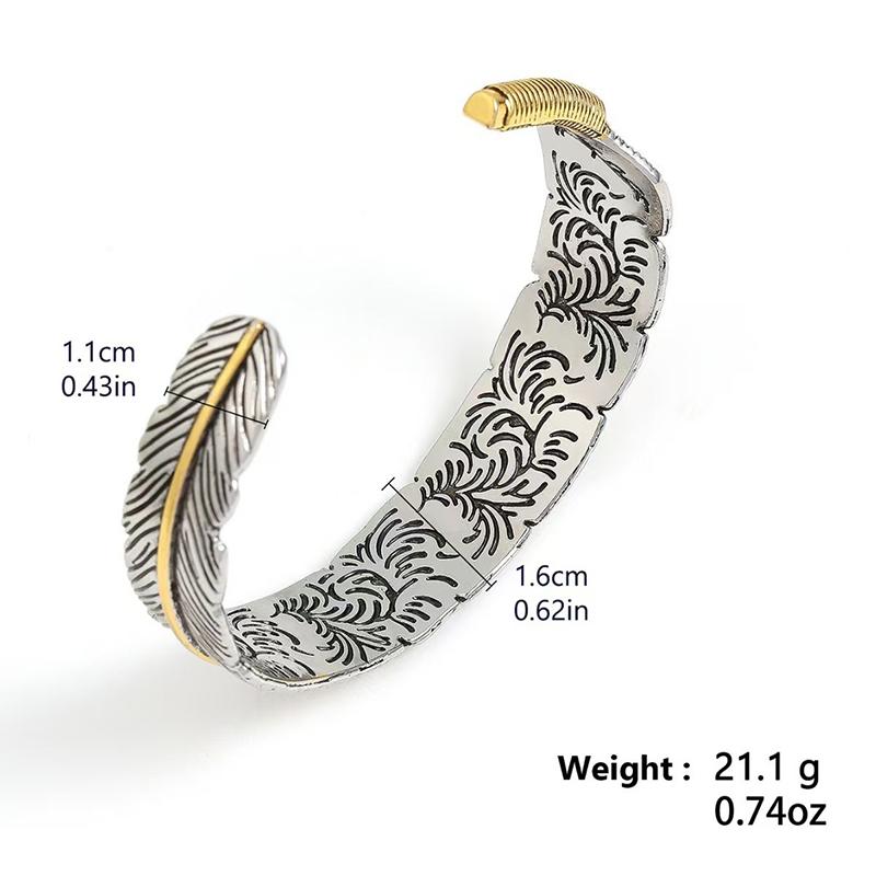 Vintage Carved Pattern Feather Bangle Bracelet Creative Design Opening Adjustable Men And Women'S Models