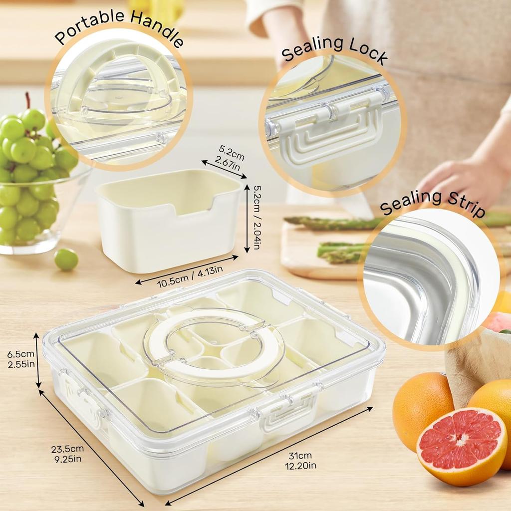 Snackle Box, Divided Serving Tray with Lid and Handle - Portable Snackle Box Charcuterie Container, Clear Snack Platter Organizer, 8 Compartments