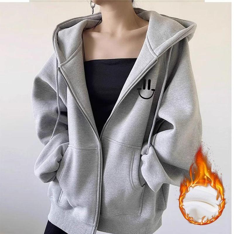 

Женское худи, новая популярная свободная куртка-кардиган на молнии, женский бархатный топ для осени и зимы L серый