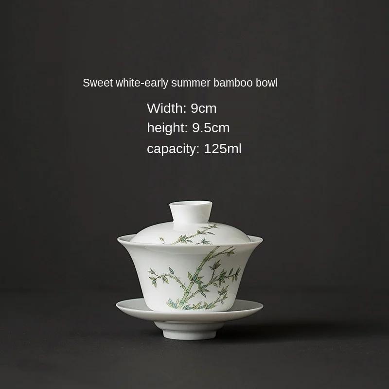 

White Ceramic Lidded Bowl Mutton Fat Jade Tea Bowl Hand Painted Blue and White Gaiwan Household Kung Fu Bowl