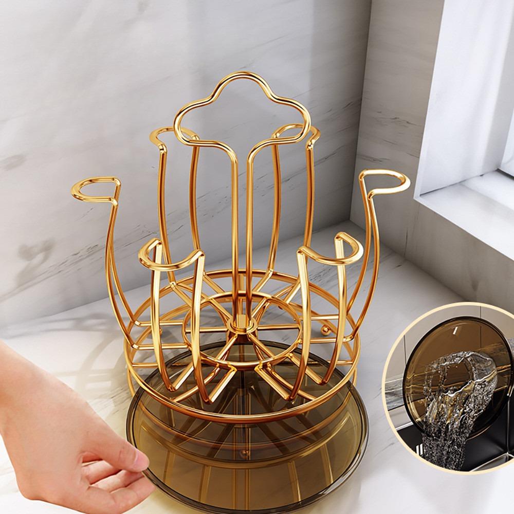 Gold Cup Holder with Water Drain Tray Large Capacity Glass Cup Storage Rack Mug&Cup Organizer Bar