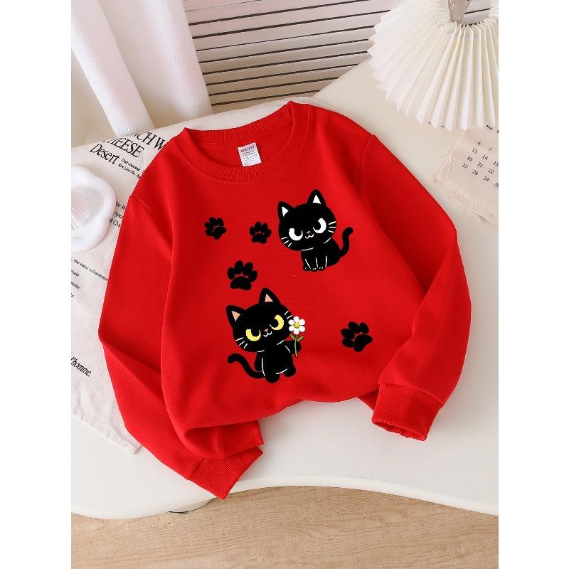 European sizes Girls Soft Crewneck Sweatshirt Cute Black Cat with Flower & Paw Prints, Casual All-Match, Ideal Holiday Present