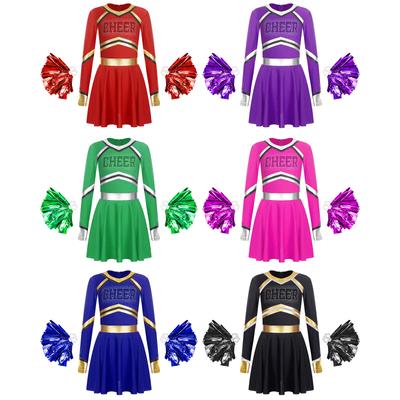 Disfraz de Cheerleading de Manga Larga para Niñas Brillantes Pedrería Diseño de Letras Vestido Metálico Set de Flores de Mano